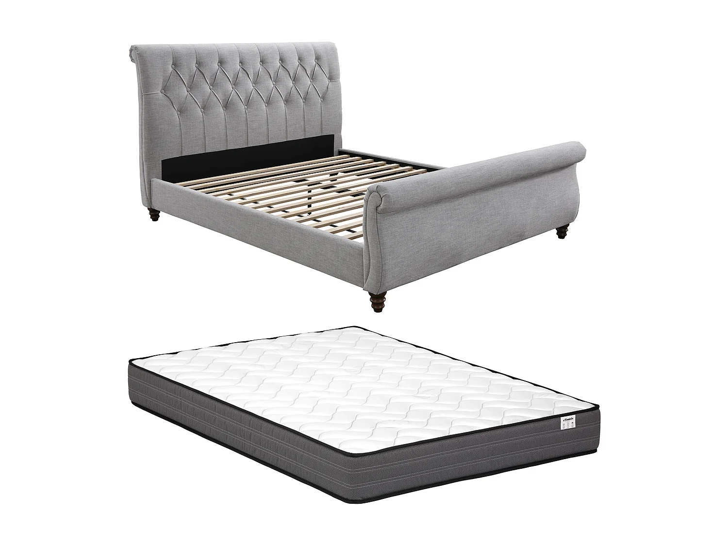 Cama 160 x 200 cm con cabecero acolchado - Gris + Colchón - BALANSANO