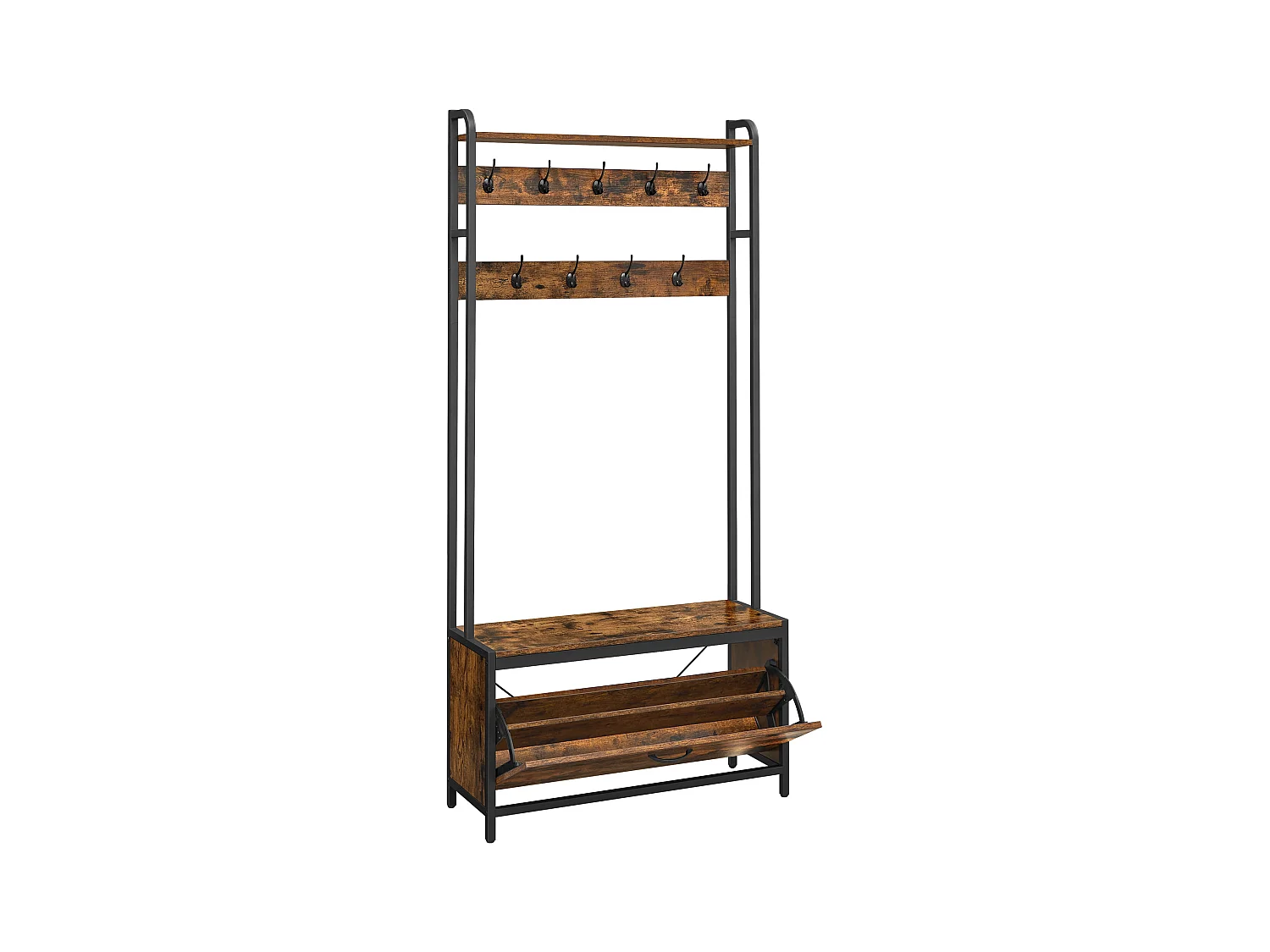 Porte-manteau Valora avec siège et étagères à chaussures – Marron rustique et noir