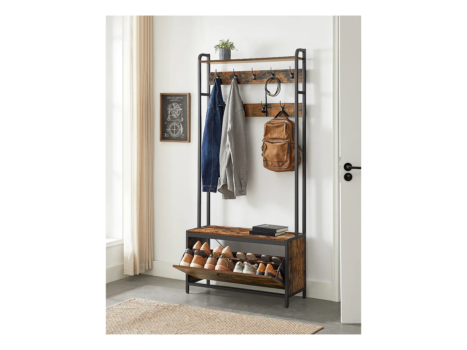 Porte-manteau Valora avec siège et étagères à chaussures – Marron rustique et noir