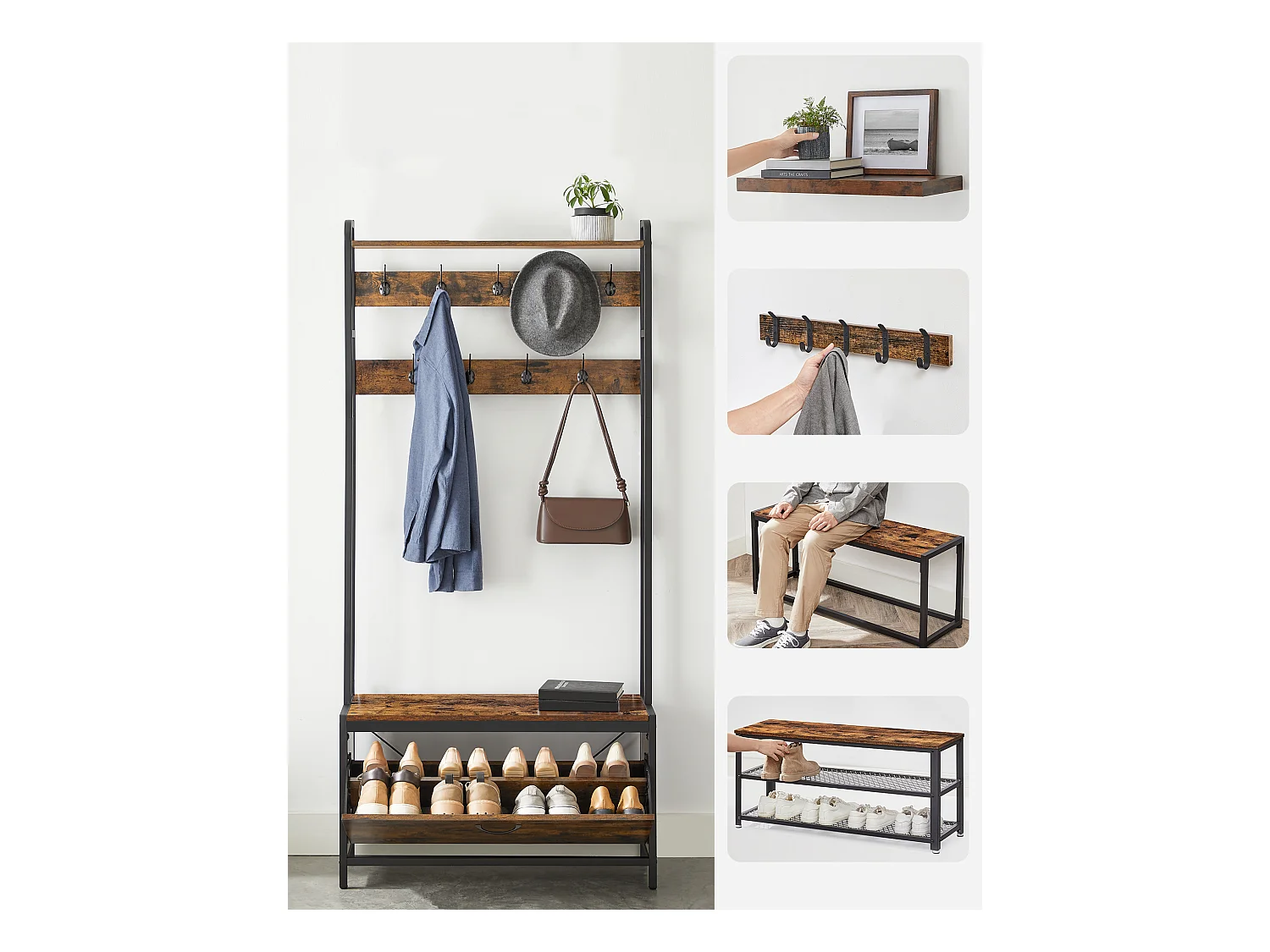 Porte-manteau Valora avec siège et étagères à chaussures – Marron rustique et noir