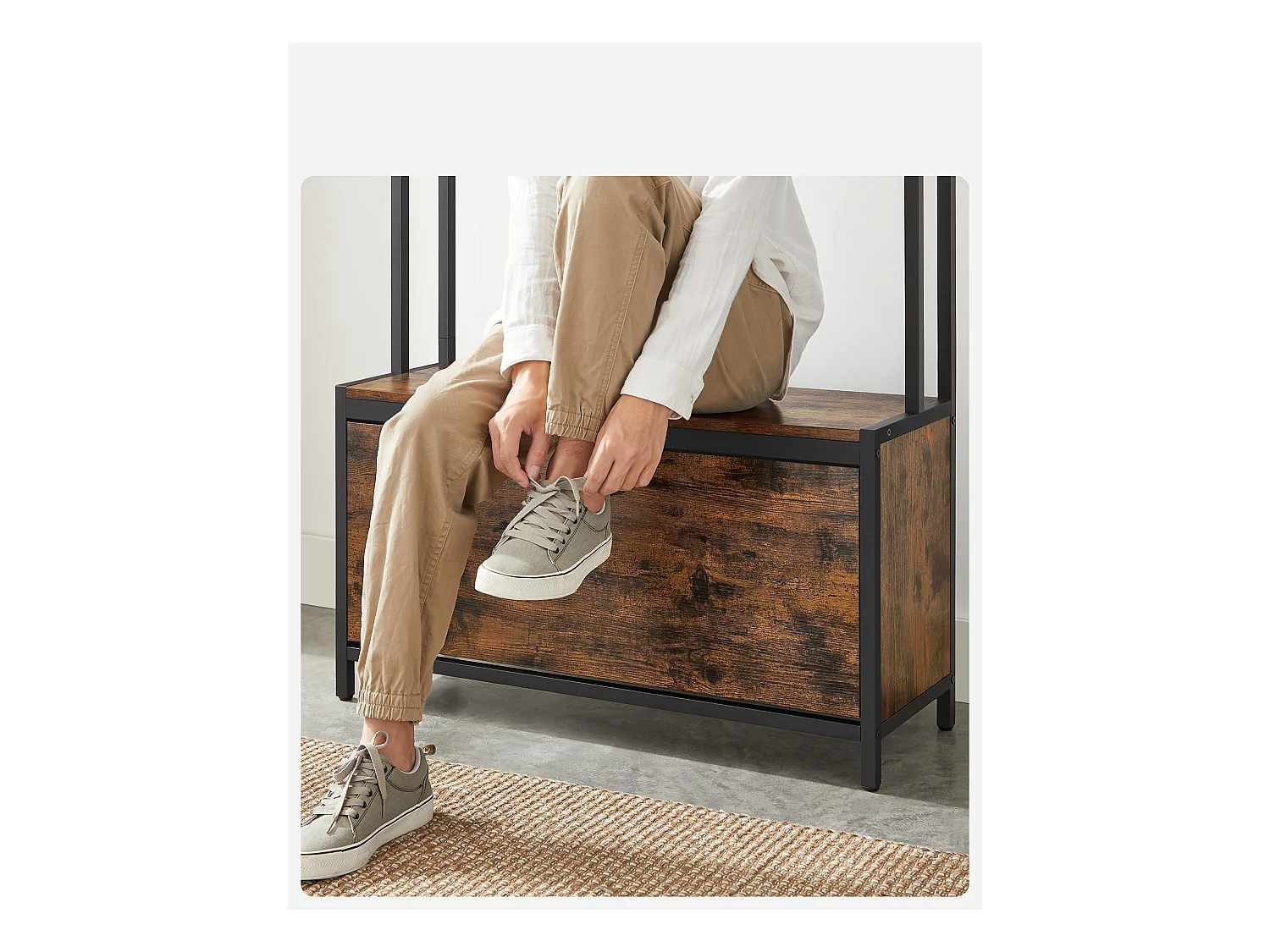 Porte-manteau Valora avec siège et étagères à chaussures – Marron rustique et noir