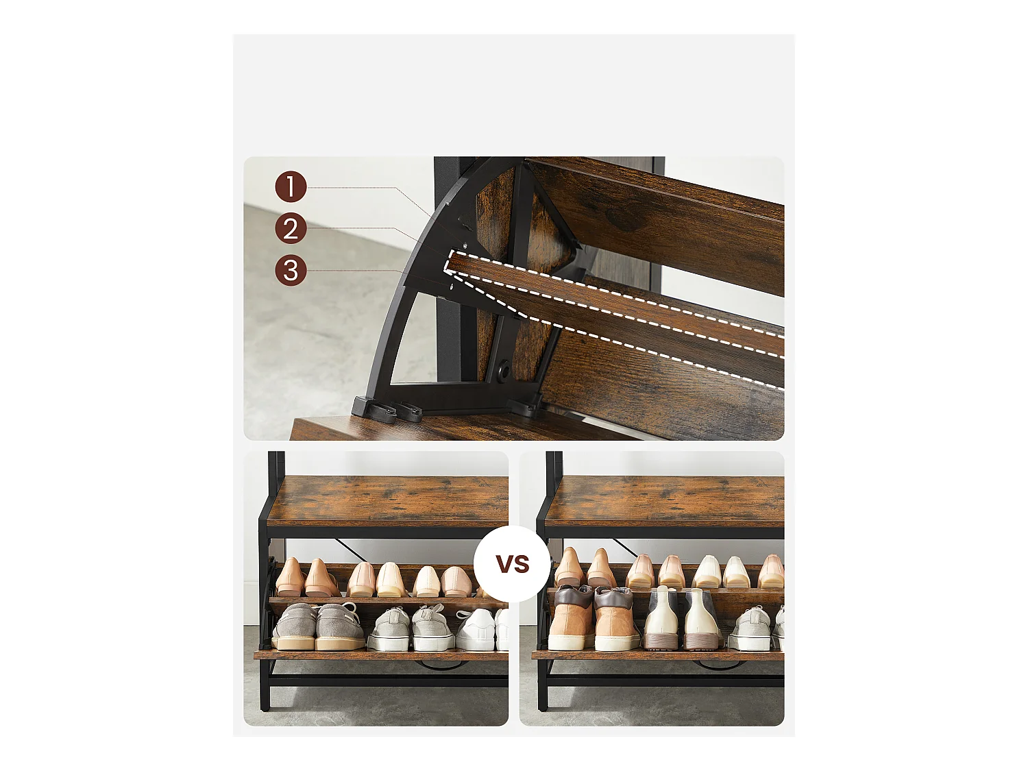 Porte-manteau Valora avec siège et étagères à chaussures – Marron rustique et noir