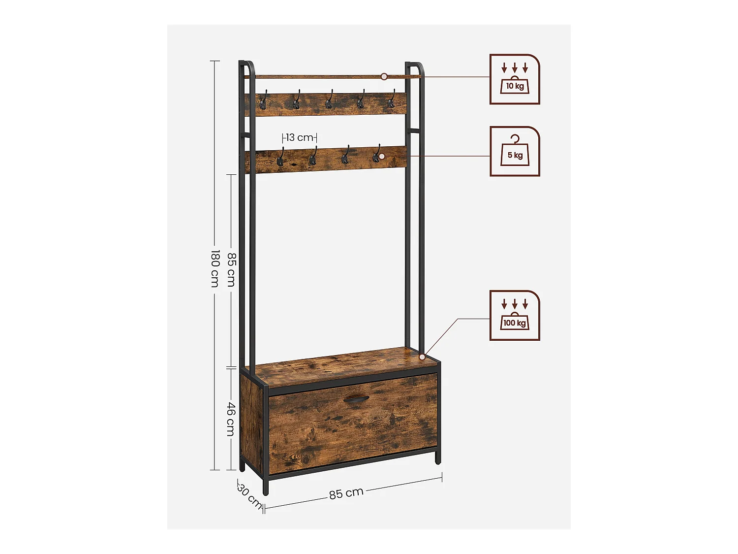 Porte-manteau Valora avec siège et étagères à chaussures – Marron rustique et noir