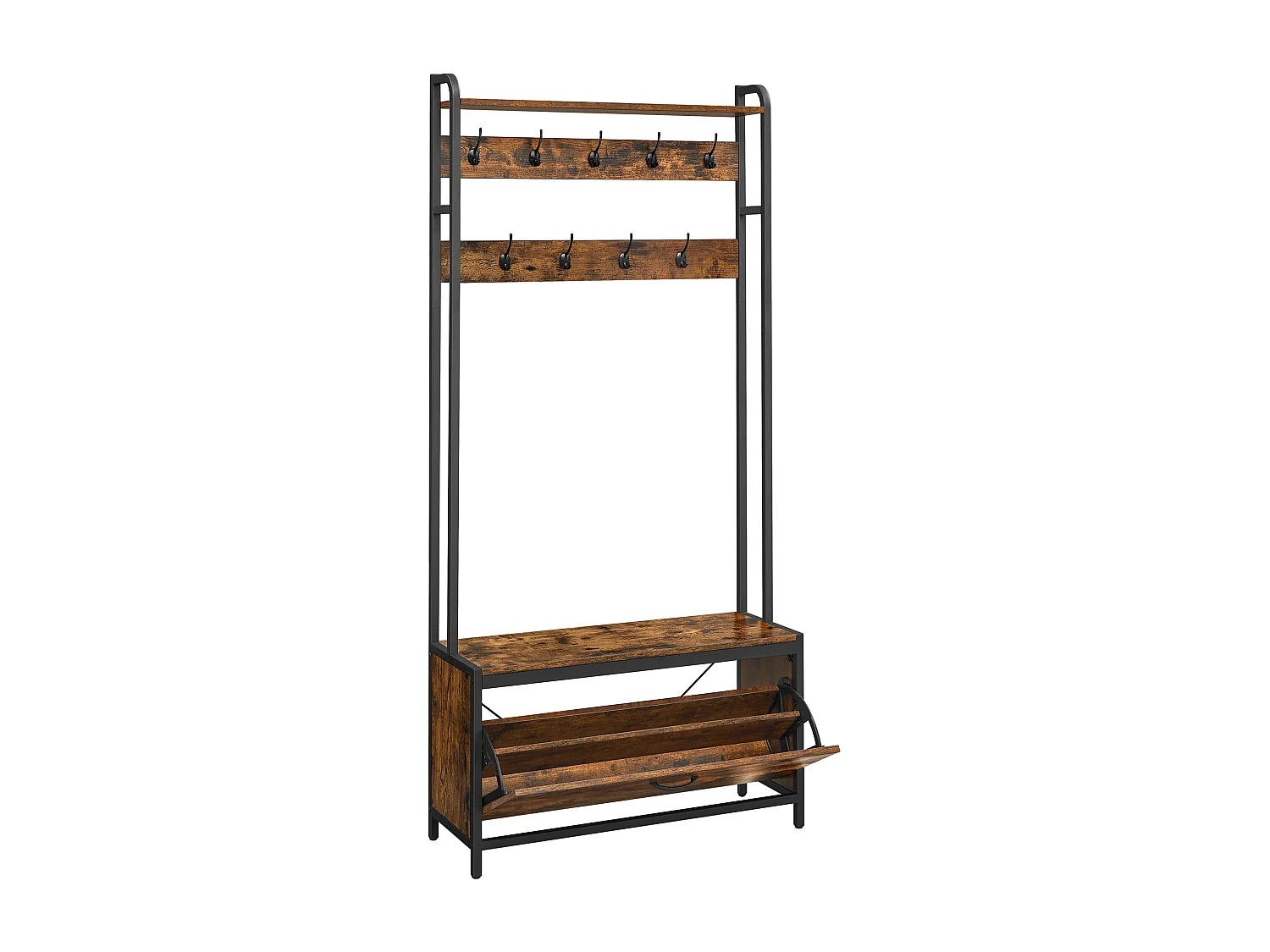 Wieszak na ubrania Valora z siedziskiem i półkami na buty – rustykalny brąz i czerń