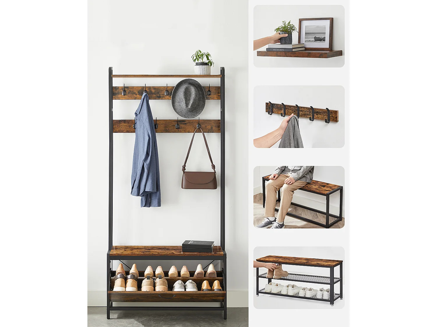 Wieszak na ubrania Valora z siedziskiem i półkami na buty – rustykalny brąz i czerń