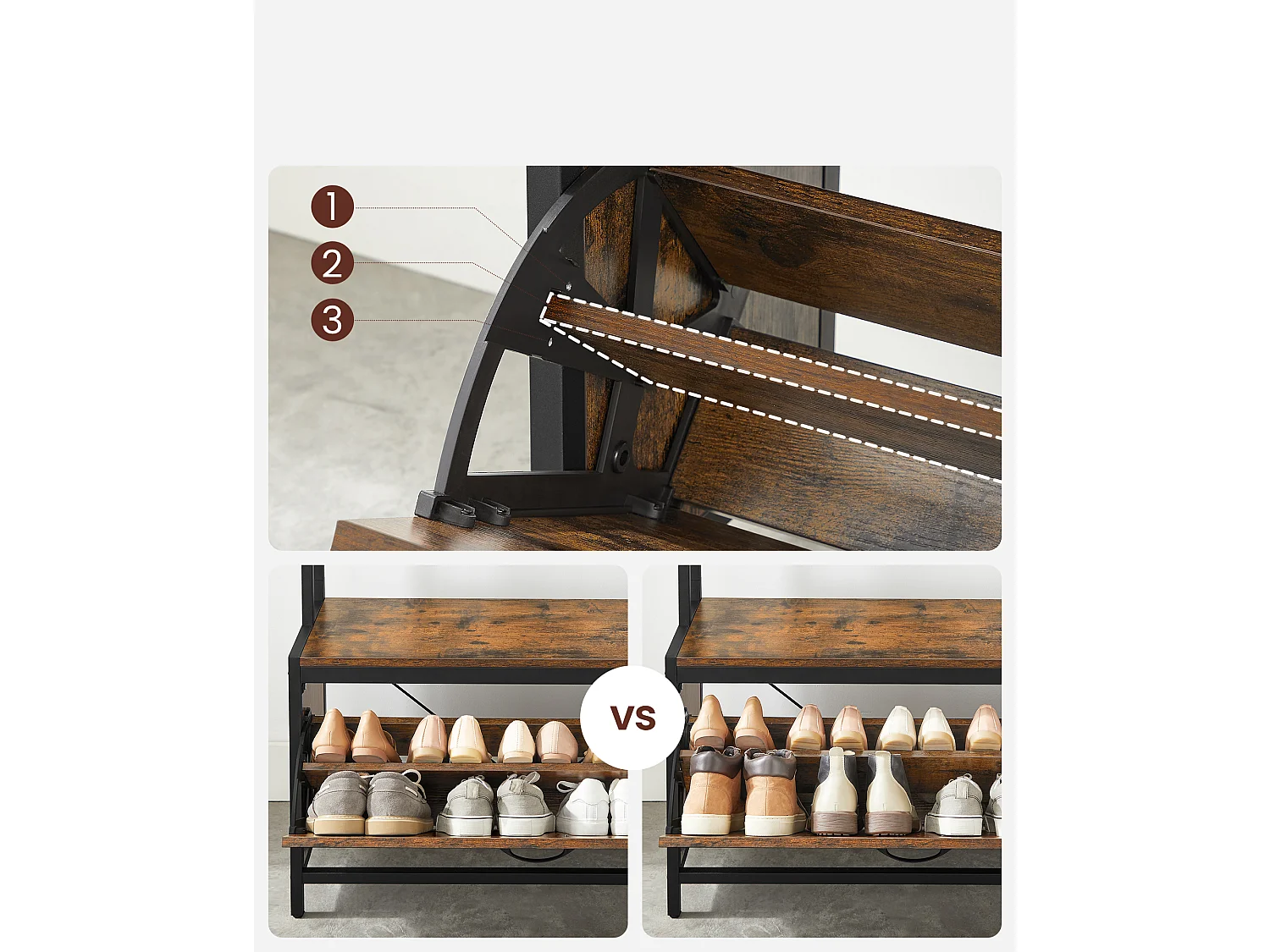 Wieszak na ubrania Valora z siedziskiem i półkami na buty – rustykalny brąz i czerń