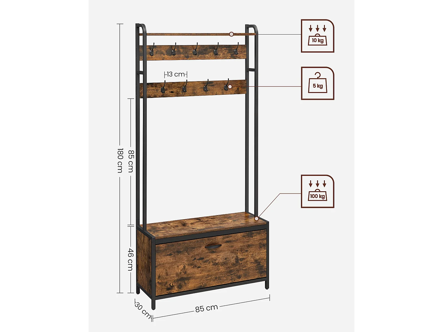 Wieszak na ubrania Valora z siedziskiem i półkami na buty – rustykalny brąz i czerń