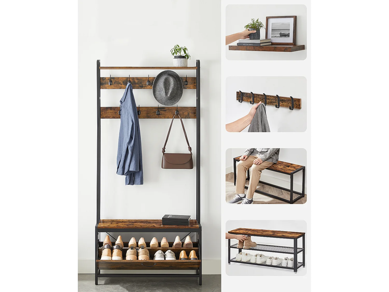 Porte-manteau Valora avec siège et étagères à chaussures – Marron rustique et noir