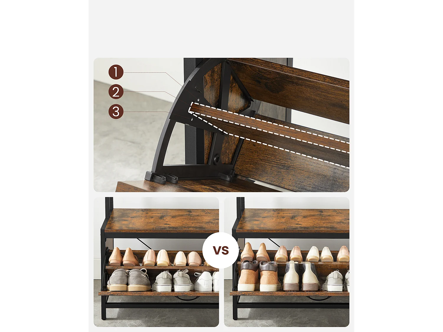 Porte-manteau Valora avec siège et étagères à chaussures – Marron rustique et noir