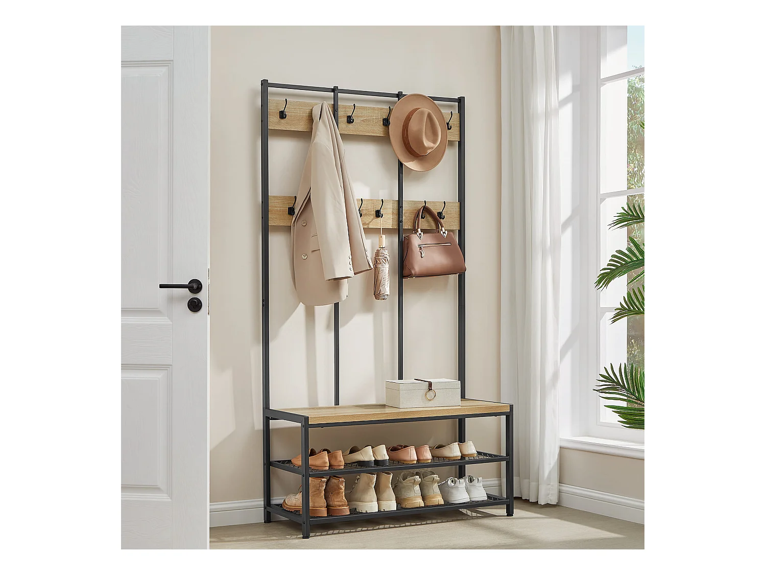 Porte-manteau Valora avec siège et 2 étagères à chaussures – Chêne Sonoma