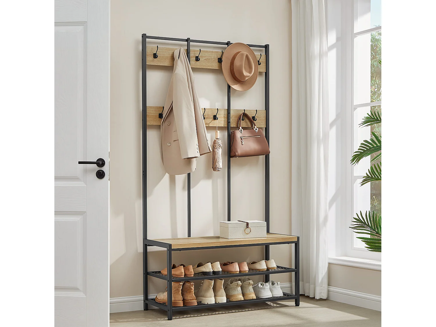 Porte-manteau Valora avec siège et 2 étagères à chaussures – Chêne Sonoma