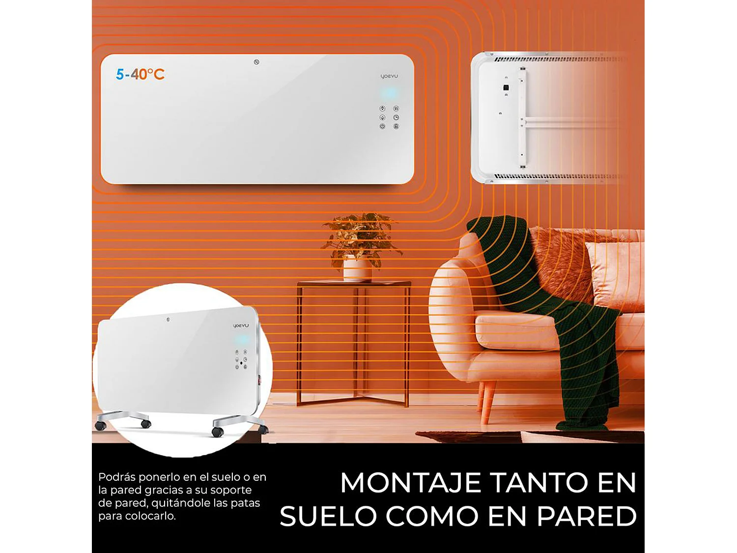 Radiador eléctrico – bajo consumo 1500W, blanco, con wifi y ruedas – Yoevu