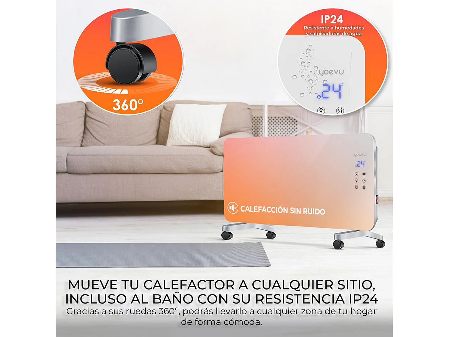 Radiador eléctrico – bajo consumo 1500W, blanco, con wifi y ruedas – Yoevu