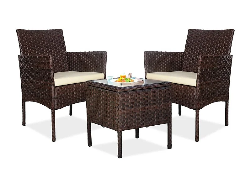 Set de jardín de ratán – 3 piezas, 2 sillas con cojines y mesa de cristal – Yoevu