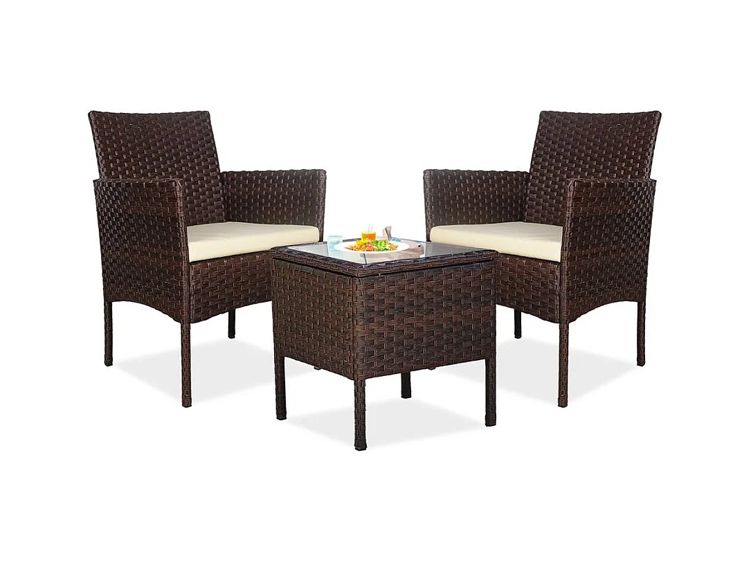Set de jardín de ratán – 3 piezas, 2 sillas con cojines y mesa de cristal – Yoevu