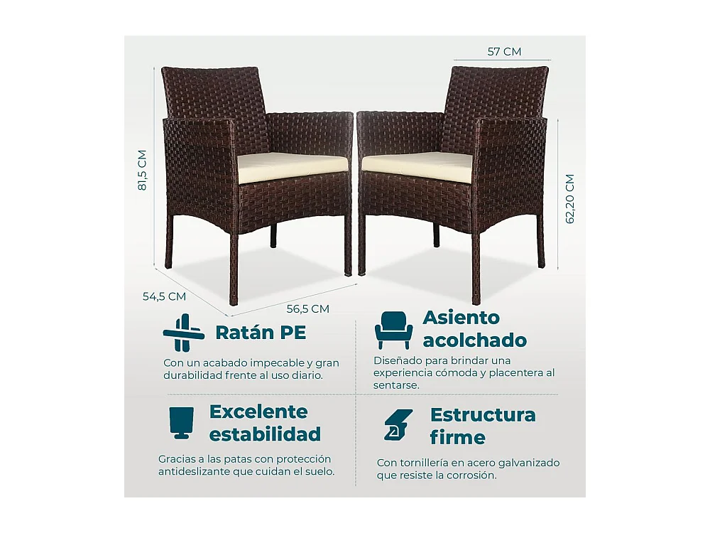 Set de jardín de ratán – 3 piezas, 2 sillas con cojines y mesa de cristal – Yoevu