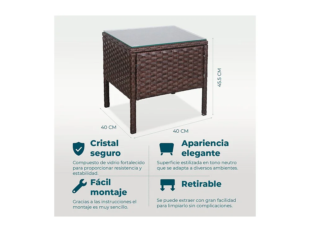 Set de jardín de ratán – 3 piezas, 2 sillas con cojines y mesa de cristal – Yoevu