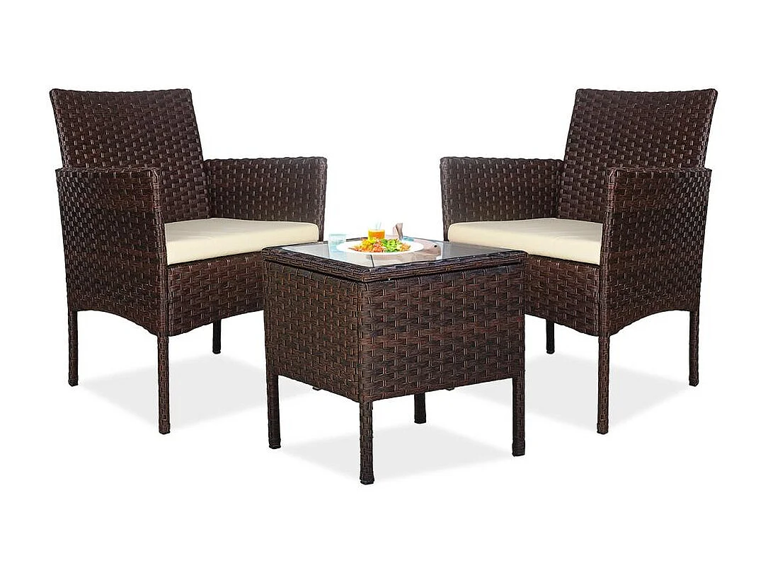 Set de jardín de ratán – 3 piezas, 2 sillas con cojines y mesa de cristal – Yoevu