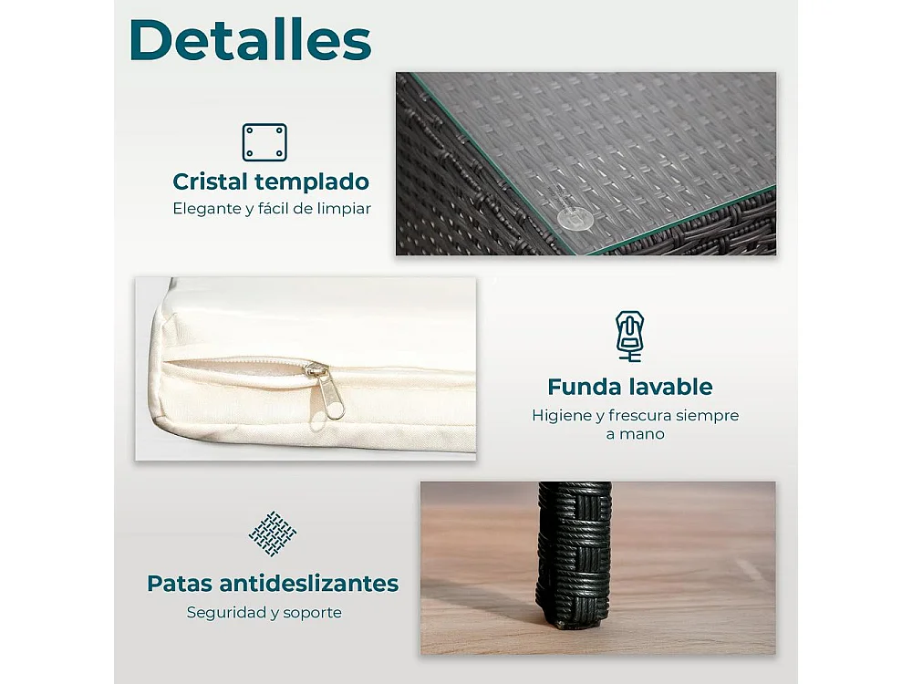 Set de jardín de ratán – 3 piezas, 2 sillas con cojines y mesa de cristal – Yoevu