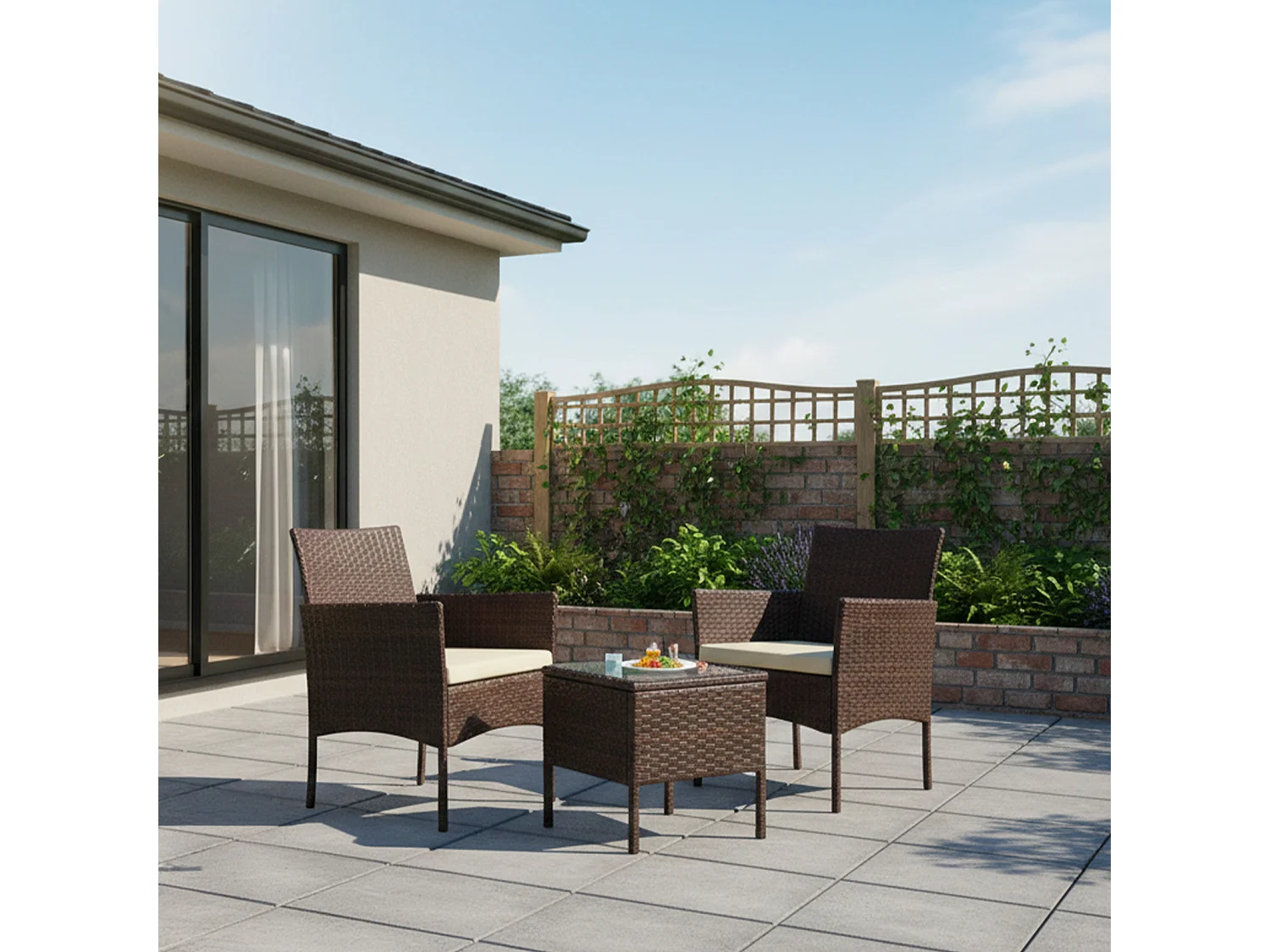 Set de jardín de ratán – 3 piezas, 2 sillas con cojines y mesa de cristal – Yoevu