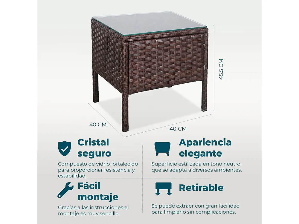 Set de jardín de ratán – 3 piezas, 2 sillas con cojines y mesa de cristal – Yoevu