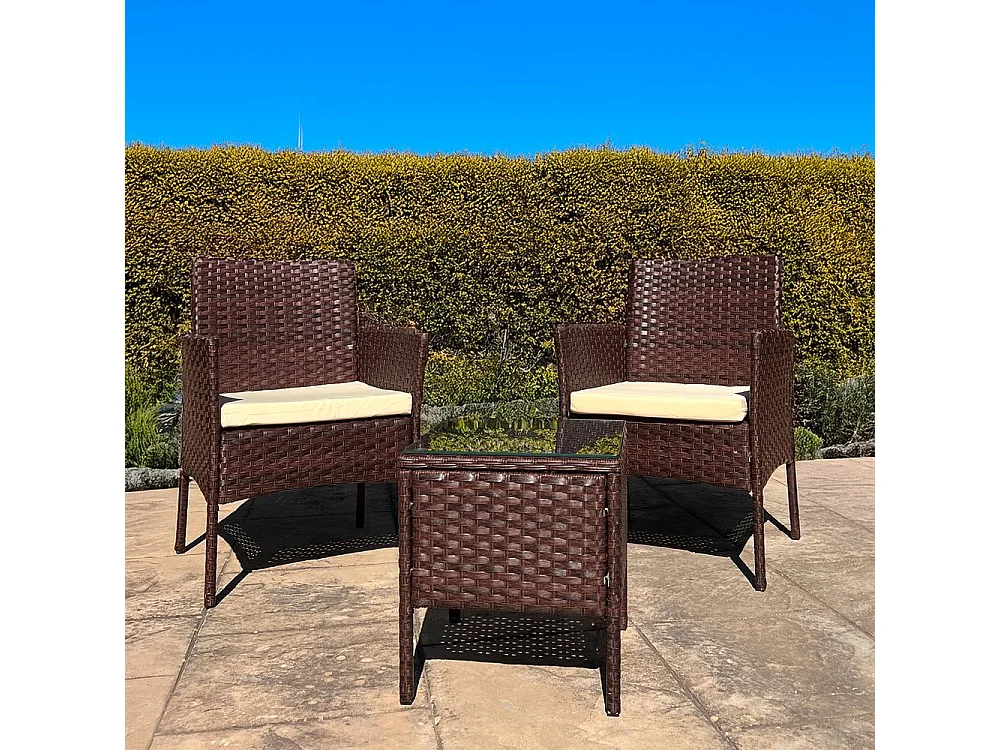 Set de jardín de ratán – 3 piezas, 2 sillas con cojines y mesa de cristal – Yoevu