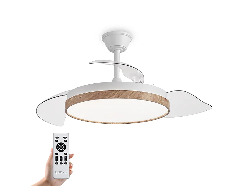 Ventilador de techo – LED regulable, mando a distancia, aspas retráctiles efecto madera – Eos Nature