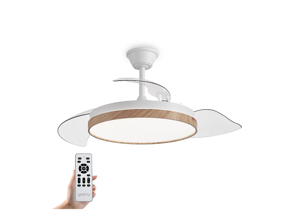 Ventilador de techo – LED regulable, mando a distancia, aspas retráctiles efecto madera – Eos Nature