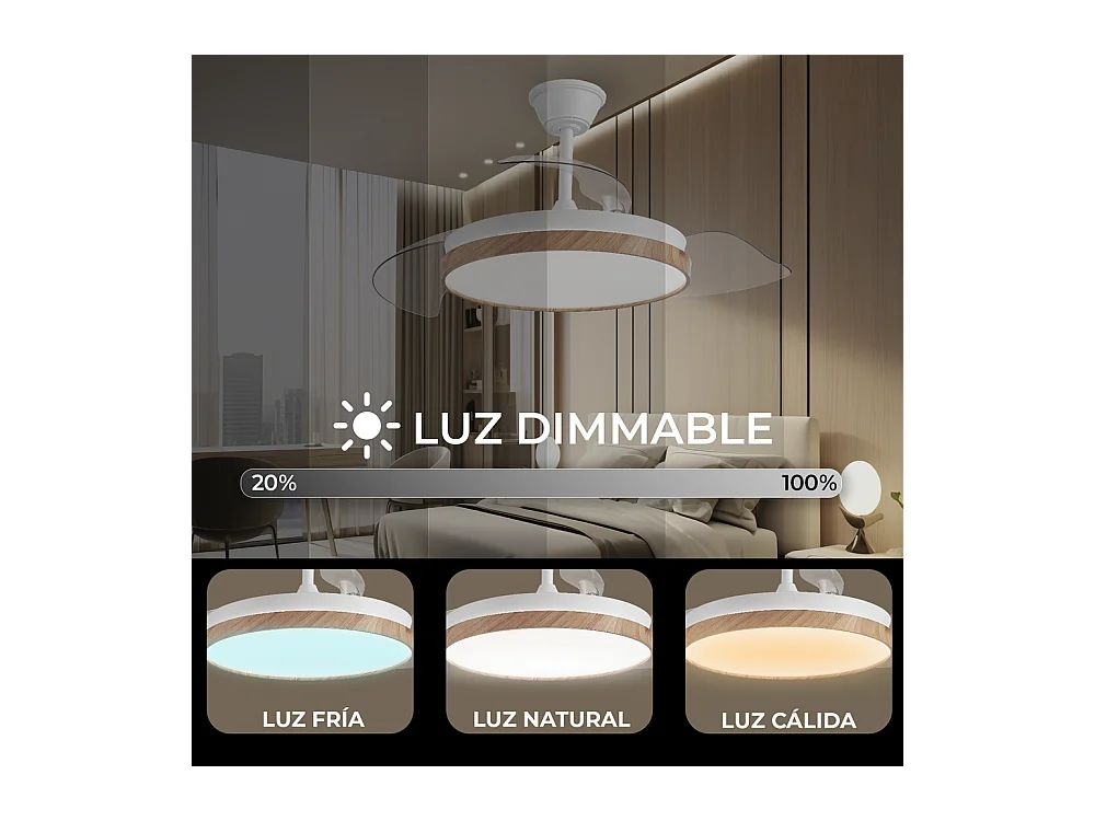 Ventilador de techo – LED regulable, mando a distancia, aspas retráctiles efecto madera – Eos Nature