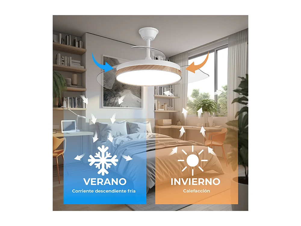 Ventilador de techo – LED regulable, mando a distancia, aspas retráctiles efecto madera – Eos Nature