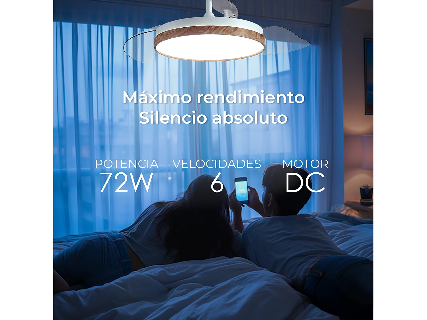 Ventilador de techo – LED regulable, mando a distancia, aspas retráctiles efecto madera – Eos Nature