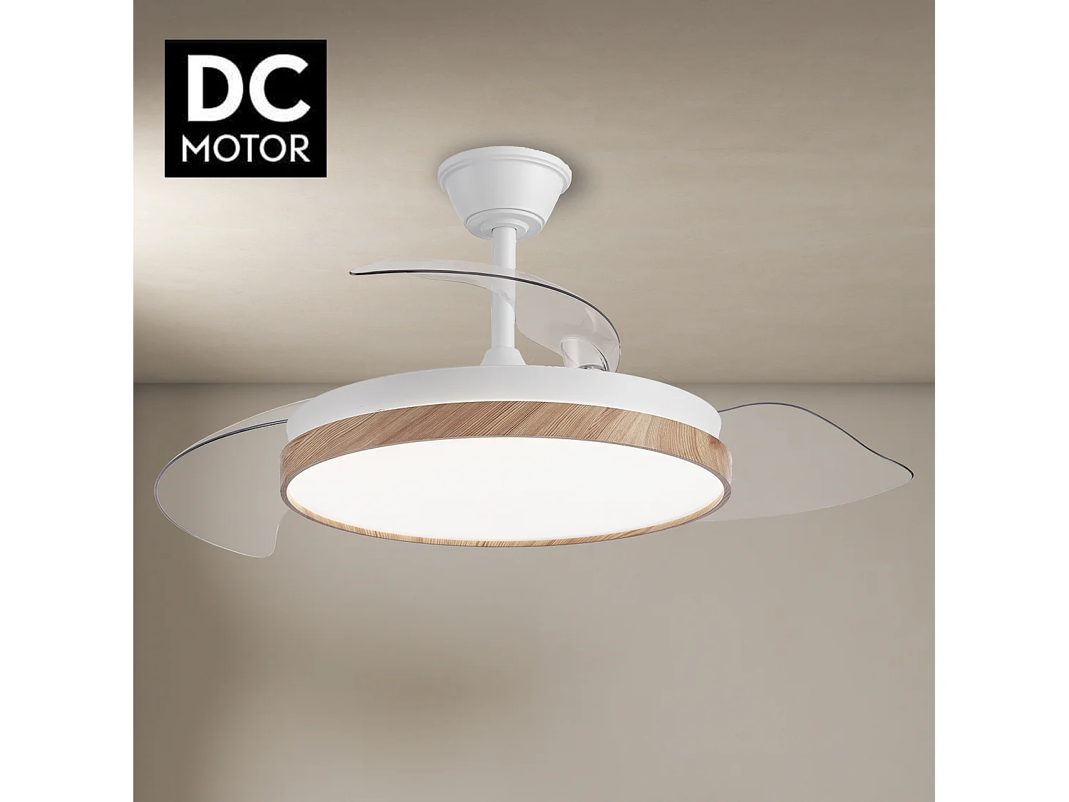 Ventilador de techo – LED regulable, mando a distancia, aspas retráctiles efecto madera – Eos Nature