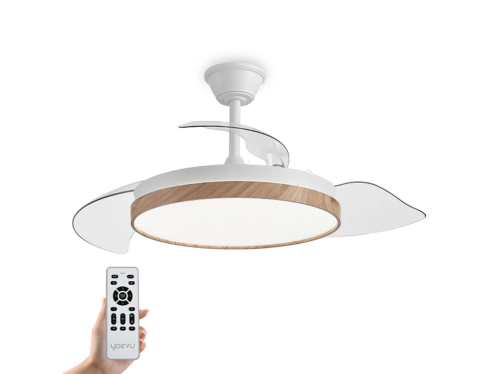 Ventilador de techo – LED regulable, mando a distancia, aspas retráctiles efecto madera – Eos Nature