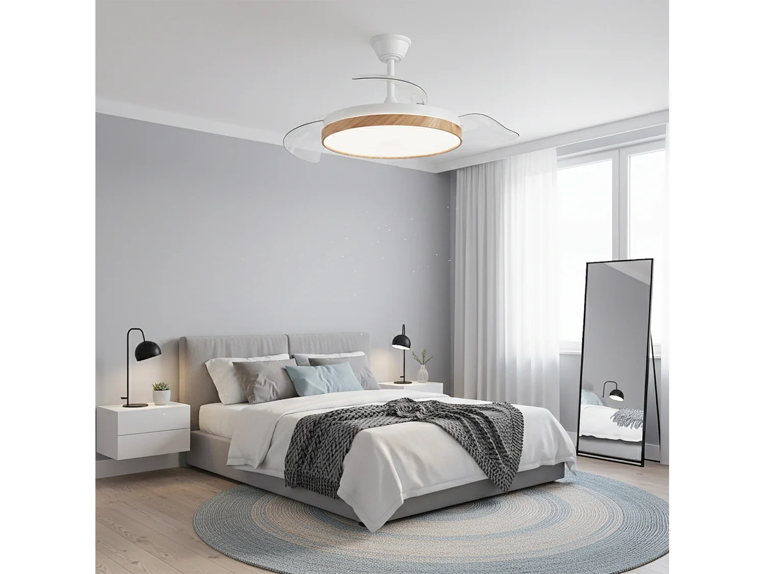 Ventilador de techo – LED regulable, mando a distancia, aspas retráctiles efecto madera – Eos Nature