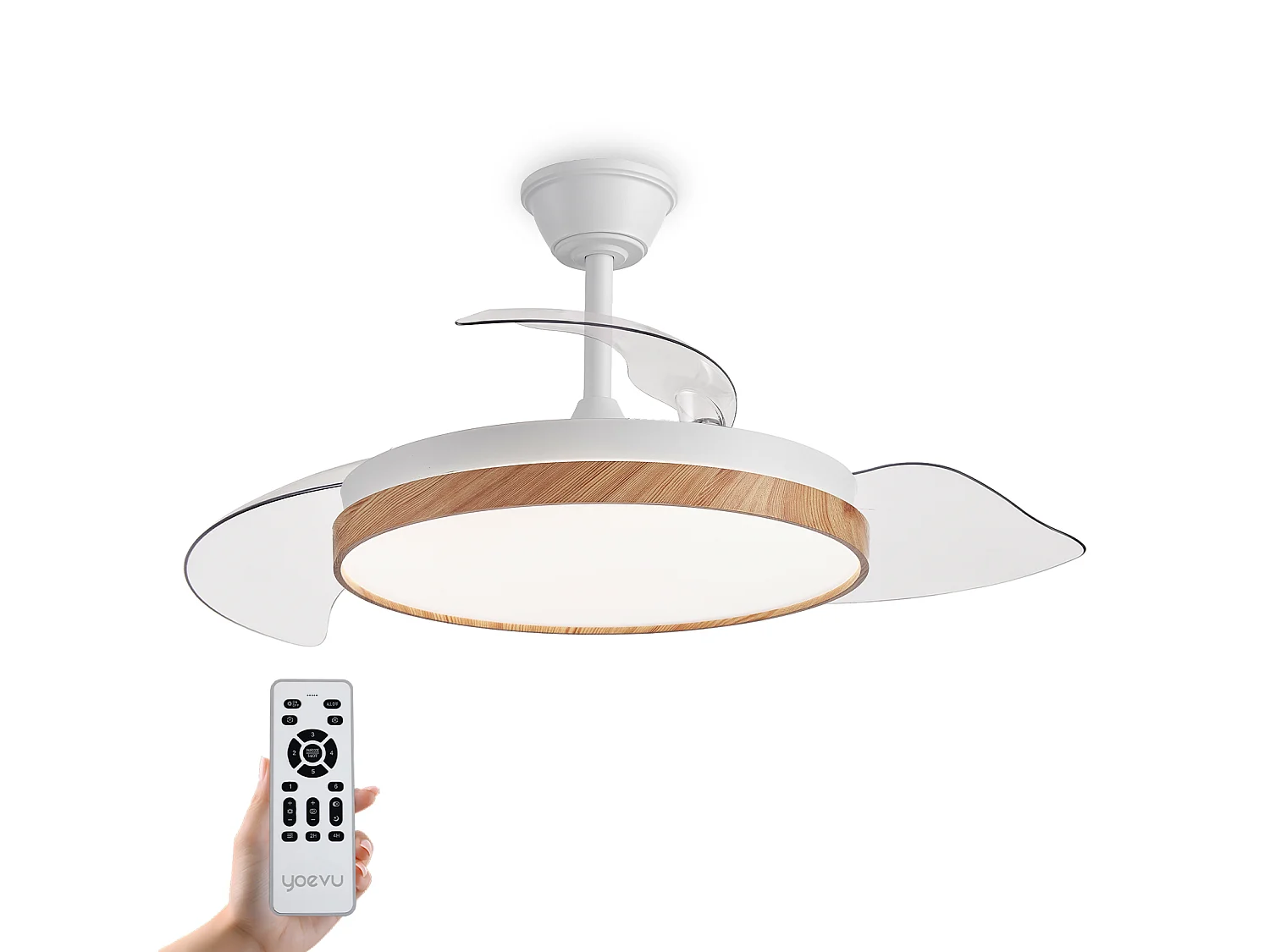 Ventilador de techo – LED regulable, mando a distancia, aspas retráctiles efecto madera – Eos Nature