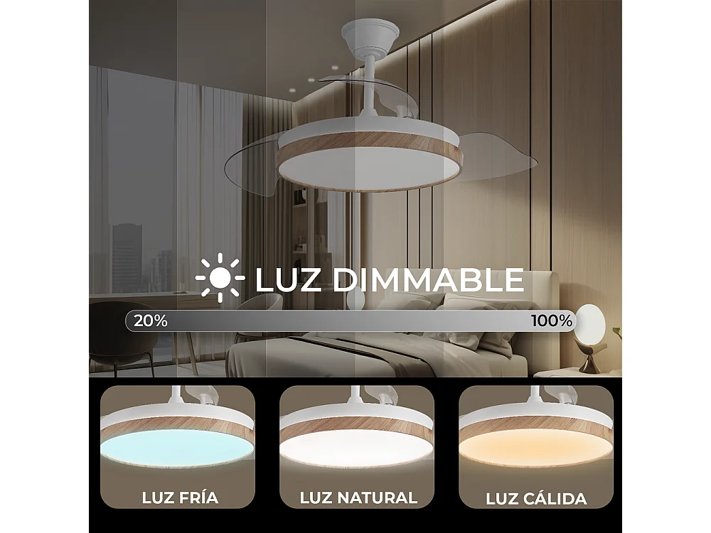 Ventilador de techo – LED regulable, mando a distancia, aspas retráctiles efecto madera – Eos Nature