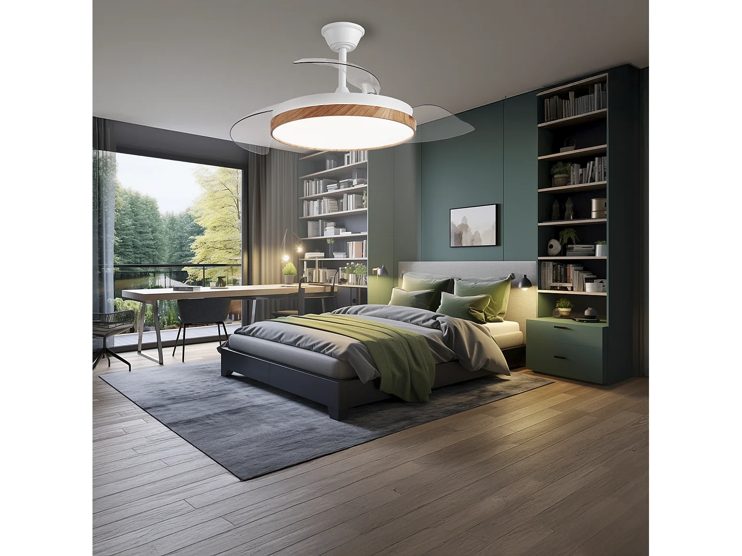 Ventilador de techo – LED regulable, mando a distancia, aspas retráctiles efecto madera – Eos Nature