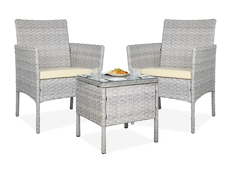 Set de jardín de ratán – 3 piezas, 2 sillas con cojines y mesa de cristal – Yoevu