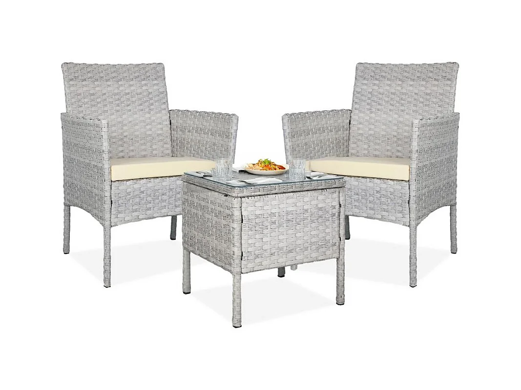 Set de jardín de ratán – 3 piezas, 2 sillas con cojines y mesa de cristal – Yoevu