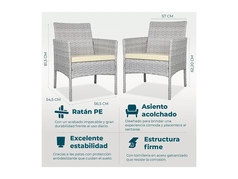 Set de jardín de ratán – 3 piezas, 2 sillas con cojines y mesa de cristal – Yoevu