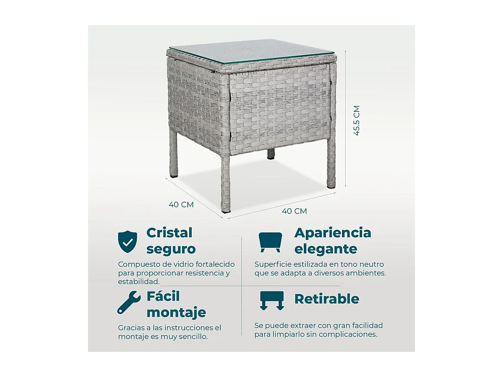Set de jardín de ratán – 3 piezas, 2 sillas con cojines y mesa de cristal – Yoevu