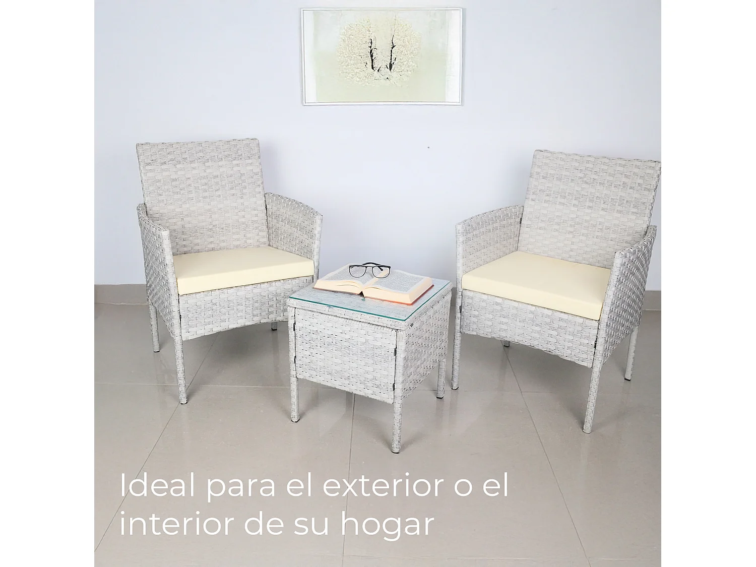 Set de jardín de ratán – 3 piezas, 2 sillas con cojines y mesa de cristal – Yoevu