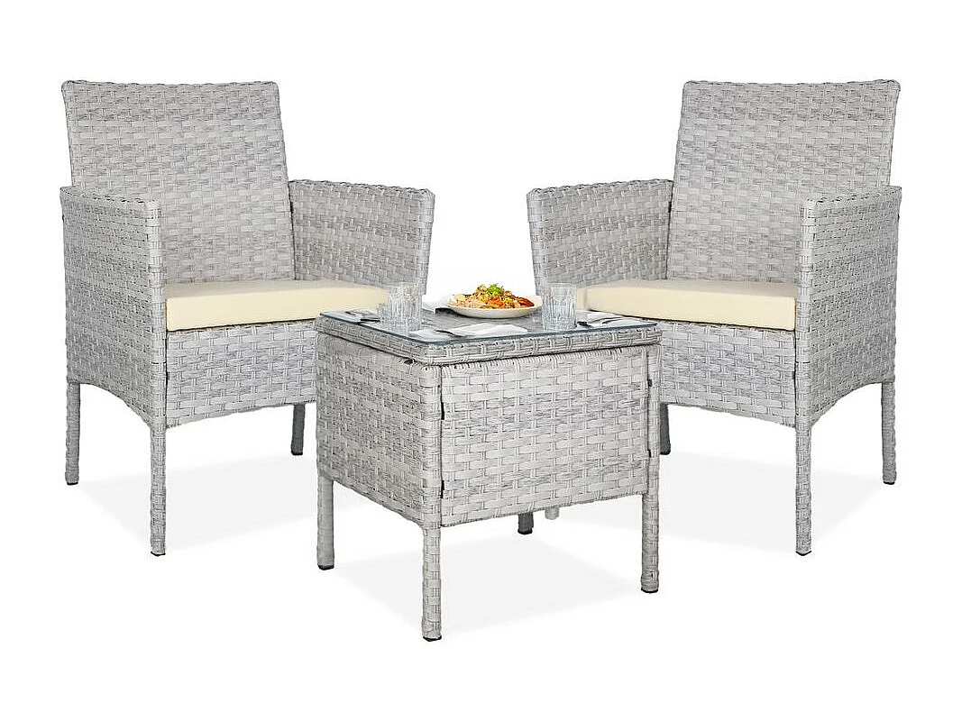 Set de jardín de ratán – 3 piezas, 2 sillas con cojines y mesa de cristal – Yoevu