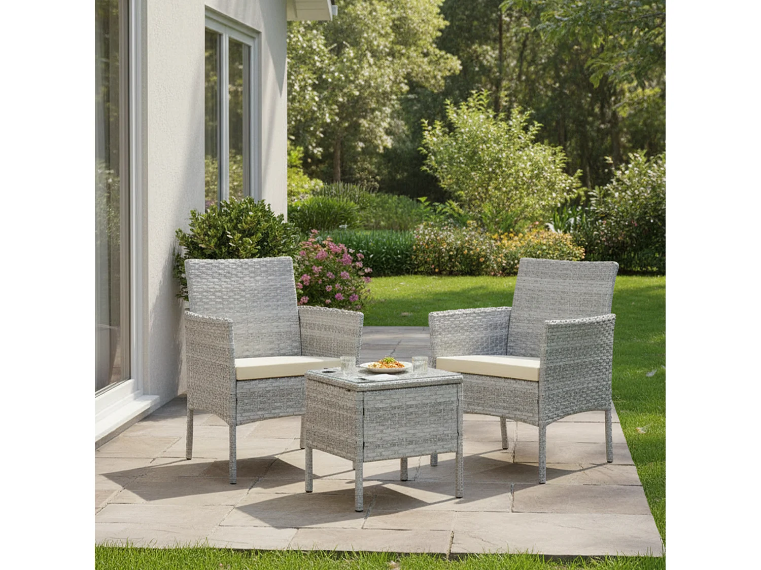 Set de jardín de ratán – 3 piezas, 2 sillas con cojines y mesa de cristal – Yoevu