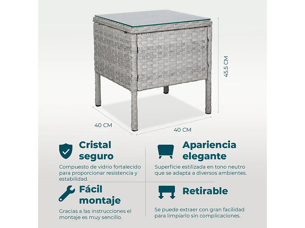 Set de jardín de ratán – 3 piezas, 2 sillas con cojines y mesa de cristal – Yoevu