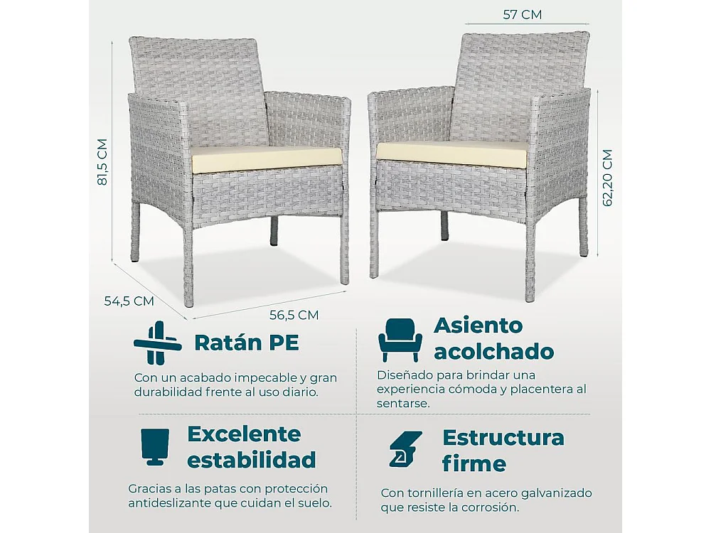 Set de jardín de ratán – 3 piezas, 2 sillas con cojines y mesa de cristal – Yoevu
