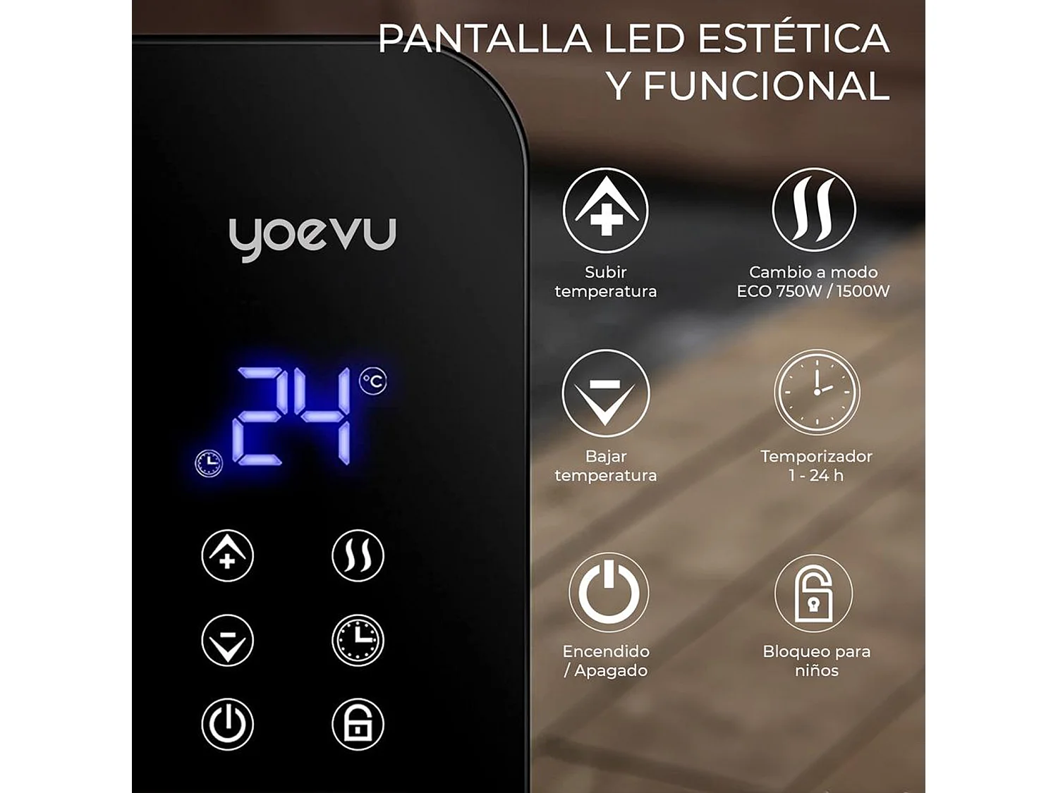 Radiador eléctrico – bajo consumo 1500W, negro, con wifi y ruedas – Yoevu