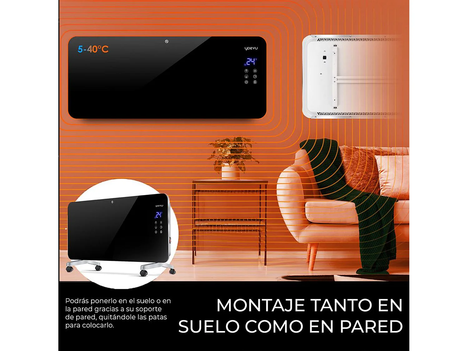 Radiador eléctrico – bajo consumo 1500W, negro, con wifi y ruedas – Yoevu