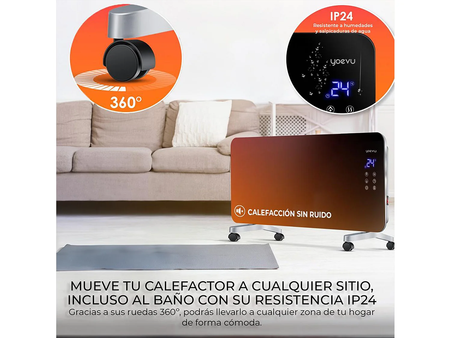 Radiador eléctrico – bajo consumo 1500W, negro, con wifi y ruedas – Yoevu