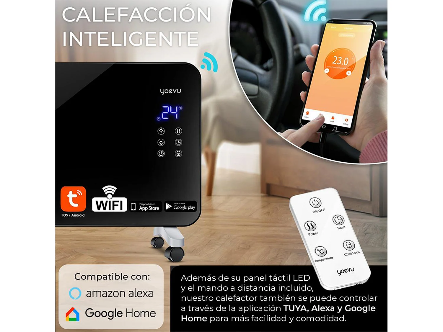 Radiador eléctrico – bajo consumo 1500W, negro, con wifi y ruedas – Yoevu